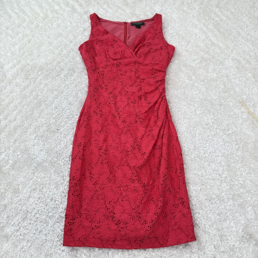 Lauren Ralph Lauren Dress Womens 2 Floral Lace Sleeveless Sheath Cocktail Party